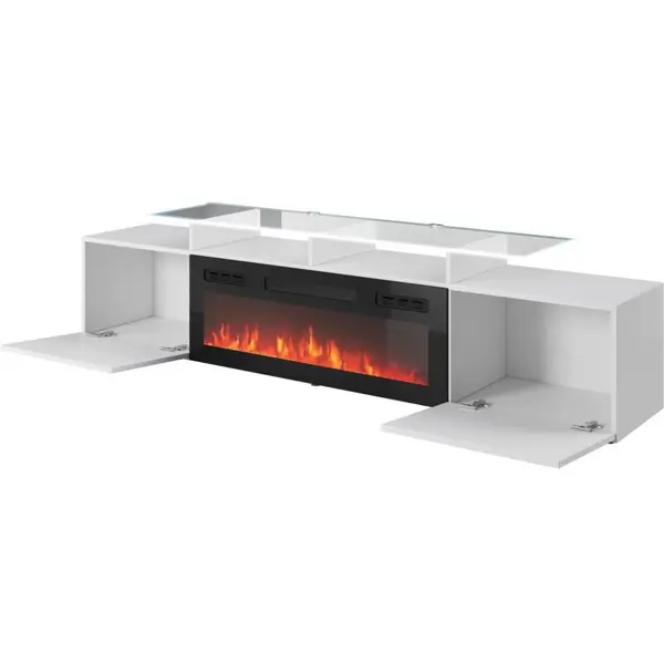 Cama MEBLE Comoda Cama Meble TV Rova cu semineu electric, 190x37x48, MDF-PAL, Alb lucios