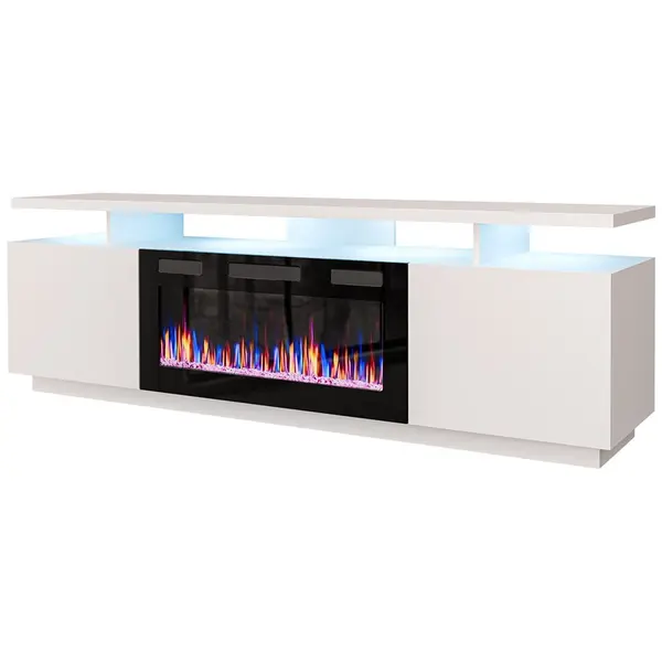 Cama MEBLE Comoda TV Cama Meble Eva cu semineu electric 180x40x52 cm, Alb lucios