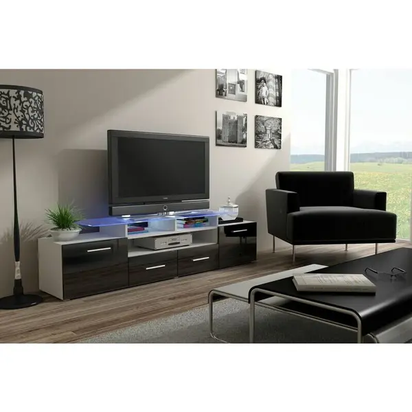 Cama MEBLE Comoda TV Cama Meble Evora 200, PAL-MDF, Alb-Negru lucios