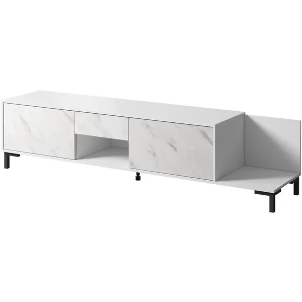 Cama MEBLE Comoda TV Cama Meble Marmo 2D1S1K, PAL, 195x40x47.5 cm, Alb mat cu Alb marmura
