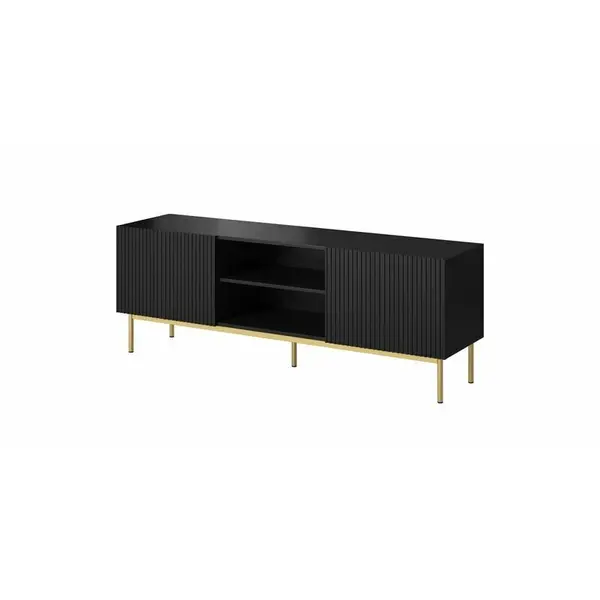 Cama MEBLE Comoda TV Cama Meble Pafos pe cadru din otel Auriu, 150x40x60 cm, PAL-MDF, Negru mat