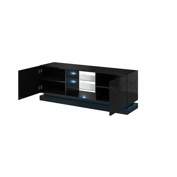 Cama MEBLE Comoda TV Cama Meble QIU 160, MDF, sticla si PAL, Negru