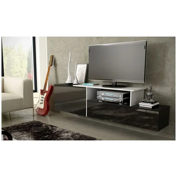 Cama MEBLE Comoda TV Cama Meble Sigma 3 180, MDF-PAL, Negru lucios-Alb