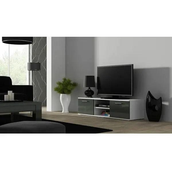 Cama MEBLE Comoda TV Cama Meble Soho 140, Alb-Gri lucios