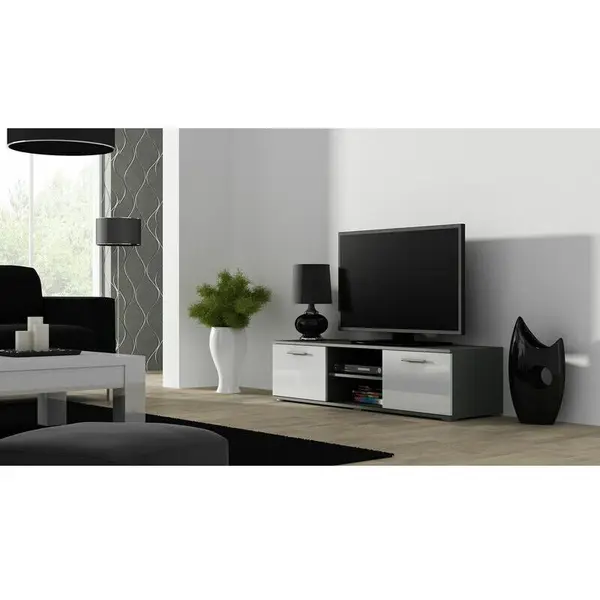 Cama MEBLE Comoda TV Cama Meble Soho 140, Gri-Alb lucios