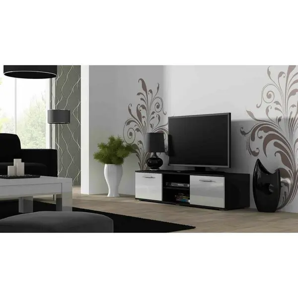 Cama MEBLE Comoda TV Cama Meble Soho 140, Negru-Alb lucios