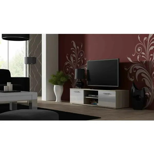 Cama MEBLE Comoda TV Cama Meble Soho 140, Stejar-Alb lucios
