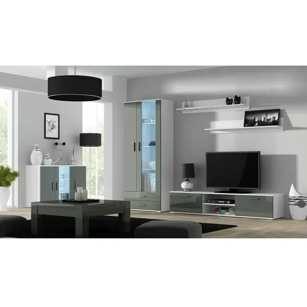 Cama MEBLE Comoda TV Cama Meble Soho 180, MDF-PAL, Alb-Gri lucios
