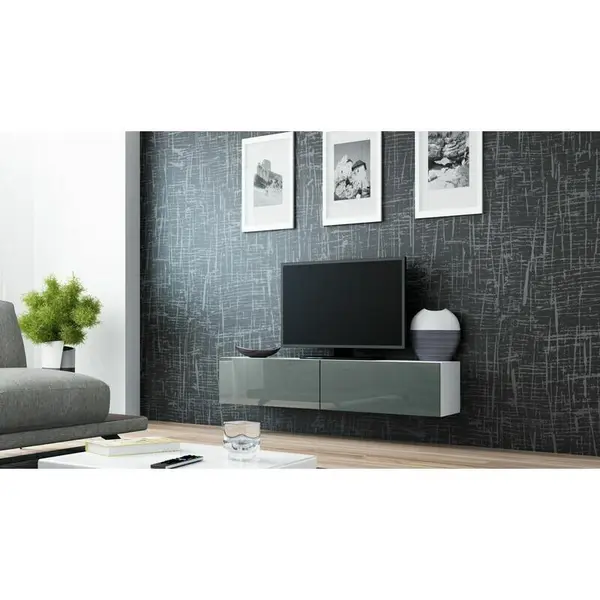 Cama MEBLE Comoda TV Cama Meble Vigo 140, 30/140/40 cm, Alb-Gri lucios