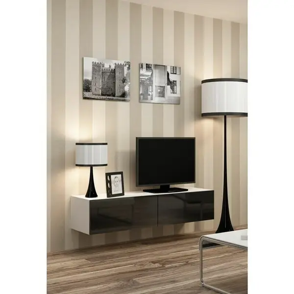 Cama MEBLE Comoda TV Cama Meble Vigo 140, 30/140/40 cm, Alb-Negru lucios