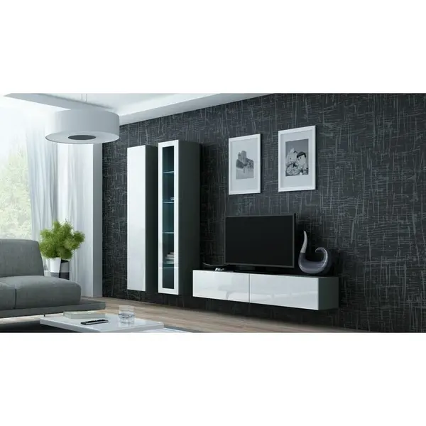Cama MEBLE Comoda TV Cama Meble Vigo 140, 30/140/40 cm, Gri-Alb lucios
