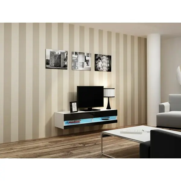 Cama MEBLE Comoda TV Cama Meble Vigo New, 30/140/40 cm, Alb-Negru lucios
