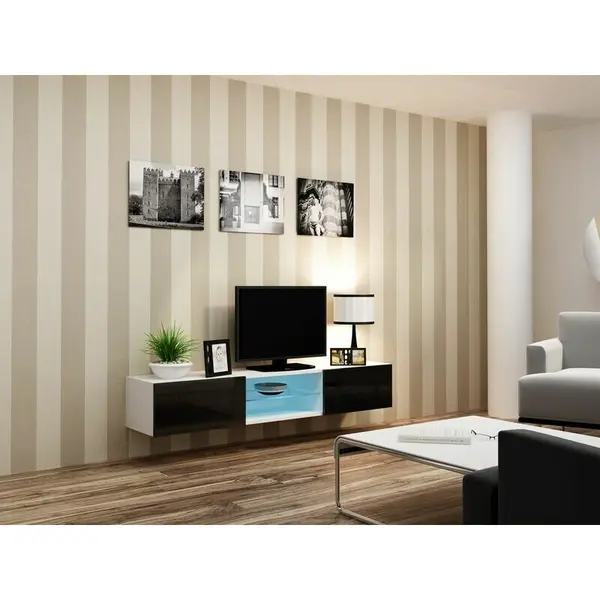 Cama MEBLE Suport TV Cama Meble Vigo Glass, 30-180-40, Alb-Negru lucios