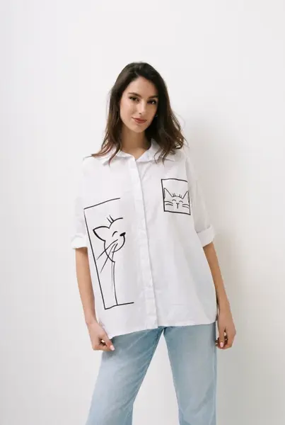 Camasa alba din bumbac oversized cu imprimeu pisica