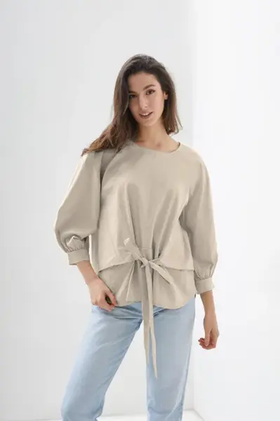 Camasa bej din poplin de bumbac cu funda in fata