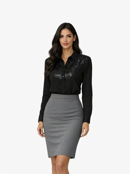 Camașă cu decolteu in V din Bumbac si Paiete "Elly", Neagra - XL