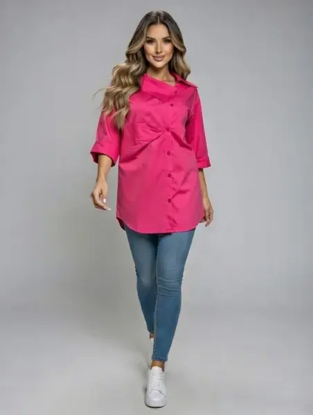 Camasa dama lejera din bumbac cu guler asimetric, fucsia