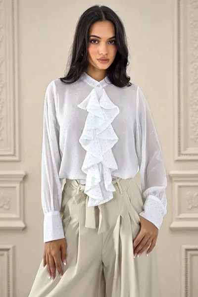 Camasa eleganta cu jabou Daliah si cristale, ALB, Marime S/M