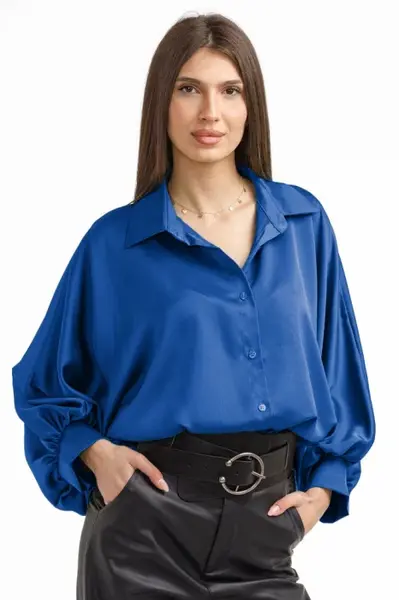 Camasa eleganta din satin, cu maneci bufante, albastra