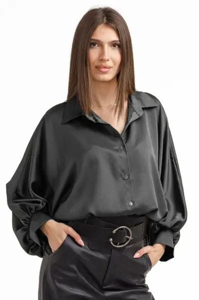 Camasa eleganta din satin, cu maneci bufante, gri