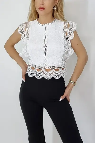 Camasa fara maneca Ryna din dantela, Alb, Marime S/M