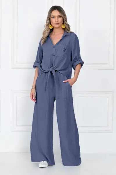 Camasa masura mare, din in, cu nod in fata, albastru jeans