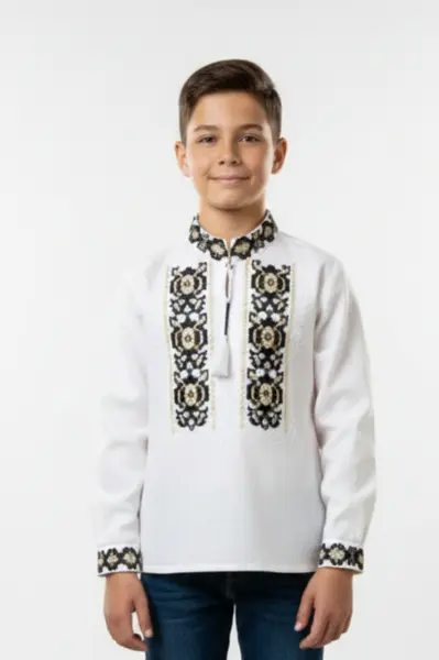 Camasa traditionala de baieti alba cu motiv floral bicolor Octavian