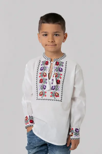 Camasa traditionala de baieti alba cu motiv floral multicolor Marc