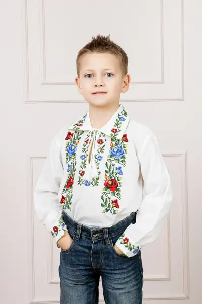 Camasa traditionala de baieti alba cu motiv floral tricolor Paul 01