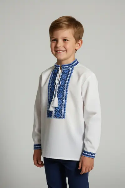 Camasa traditionala de baieti alba cu motiv geometric albastru Daniel 02