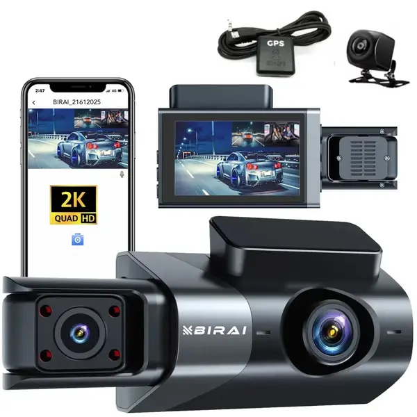 Camera Auto BIRAI® GoMotion 2K, Tripla, GPS, WiFi, Night Vision, WDR, G-Senzor, Monitorizare Parcare 24/7, Unghi 170°, Ecran IPS 3.5", Full HD 1440P,