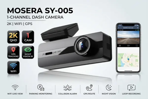 Camera auto DVR MOSERA SY-005 1-Channel, 2K Front, fără ecran, GPS, Night Vision, G-Sensor, Loop Recording