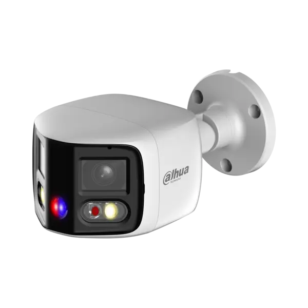 Camera de exterior IP Dahua WizSense TiOC Duo Active Deterrence, 2 x 4 MP, 180, lentila 2.8 mm, lumina alba 20 m, IR 25 m, microfon, difuzor, slot card, PoE - IPC-PFW3849S-A180-E2-AS-PV-0280B