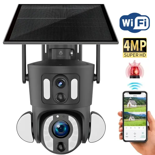 Camera de supraveghere dubla, Q32, WIFI, 4MP, PTZ, CCTV, IP 66, panou solar 9W, vedere panoramica 360º, detectare AI, night vision color, infrarosu, comunicare bidirectionala, negru