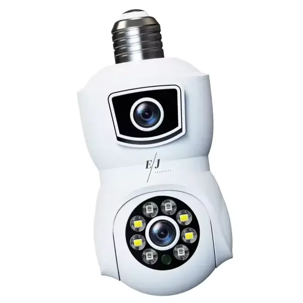 Camera de supraveghere dubla tip bec, E9, V380 PRO, 4MP, 360° panoramic, 1080P, port microSD, detectare a miscarii, alarma, vedere nocturna, PTZ, WiFi, alb