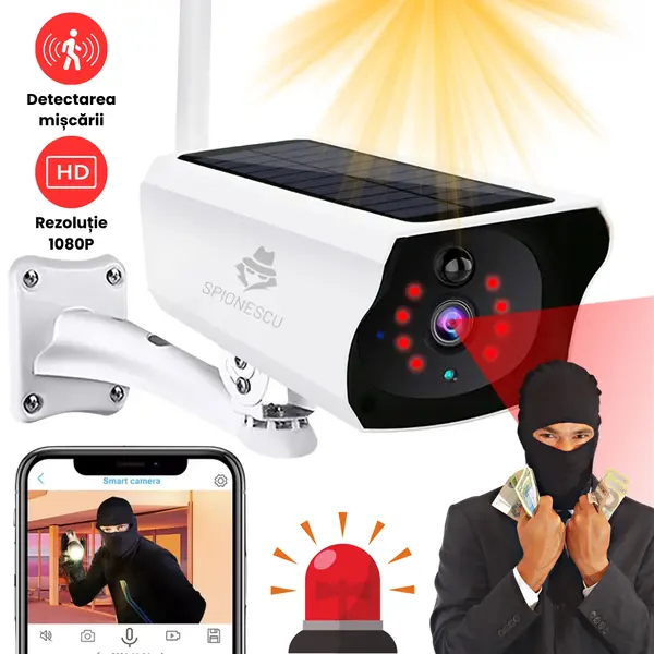 Camera de supraveghere WiFi cu panou solar, rezolutie 1080P Full HD, detectie PIR cu alerte push, audio bidirectional,vedere nocruna, rezistenta la intemperii, alimentare USB