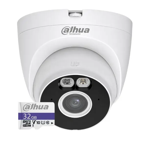 Camera de supraveghere WiFi de exterior Dahua T5A-IL-0280B + card 32GB, 5MP 2880×1620, WiFi 6, Iluminare Duala inteligenta 30 m, Detectie AI persoane si vehicule, Microfon integrat, H.265, Bluetooth pentru instalare rapida, Slot microSD, Carcasa metalica