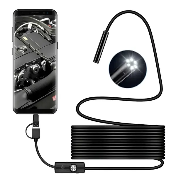 Camera Endoscop Inspectie 8 mm, Cablu Semi-Rigid 1 m, 6 LED-uri Reglabile, IP67, Compatibila Android si Windows, Foto & Video, Negru