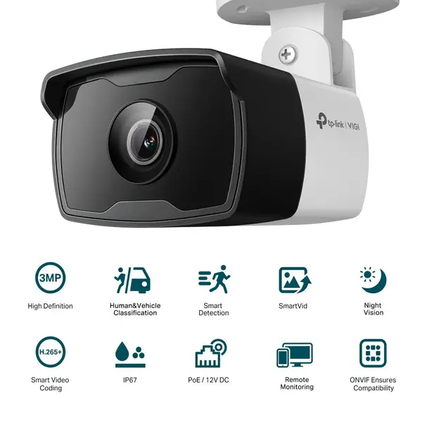 Camera IP Bullet TP-Link VIGI C330I, 3MP, IR 50m, lentila fixa 2.8mm/4mm/6mm, PoE, IP67, VIGI C330I(4MM)