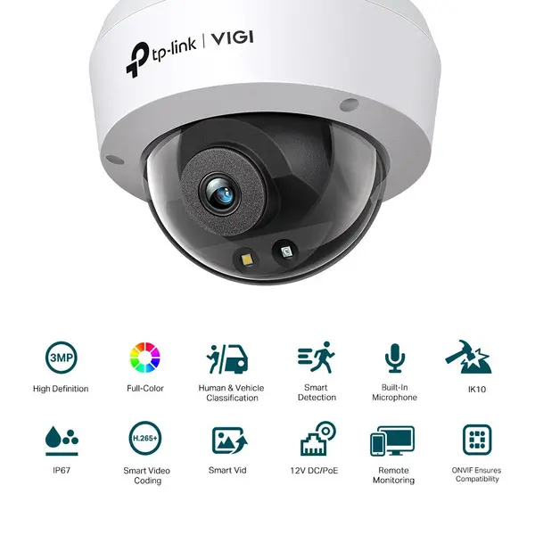 Camera IP Dome TP-Link VIGI C230, 3MP Full-Color, IR 30m si lumina alba 30m, lentila fixa 2.8mm/4mm, PoE, IP67, IK10