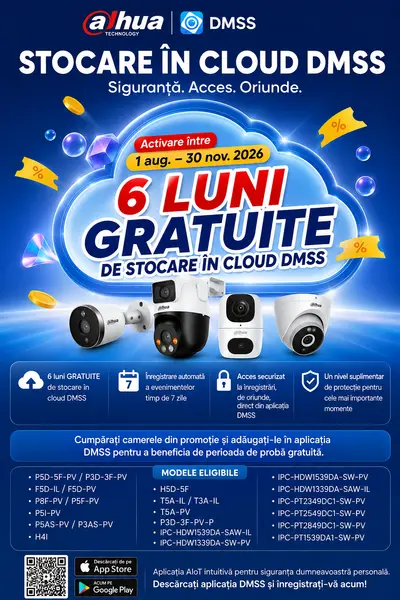 Camera IP wireless rotativa Dahua, Wi-Fi 6, 5MP, lentila 4mm, Iluminare duala, Alarma, Comunicare bidirectionala, slot microSD, IP66 - IPC-P5AS-PV