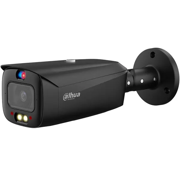 Camera supraveghere exterior IP cu iluminare duala Dahua WizSense Active Deterrence TiOC IPC-HFW3849T1-AS-PV-0360B-S5-BLACK, 8 MP, 3.6 mm, IR/lumina alba 30 m, slot card, microfon si difuzor, detectie miscare, PoE, neagra