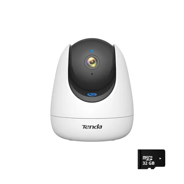 Camera supraveghere interior wireless WiFi 6 PT Tenda CP7, 5 MP, 4 mm, IR 10 m, auto-tracking, alarma, clasificare AI, microfon si difuzor, card memorie 32 Gb inclus