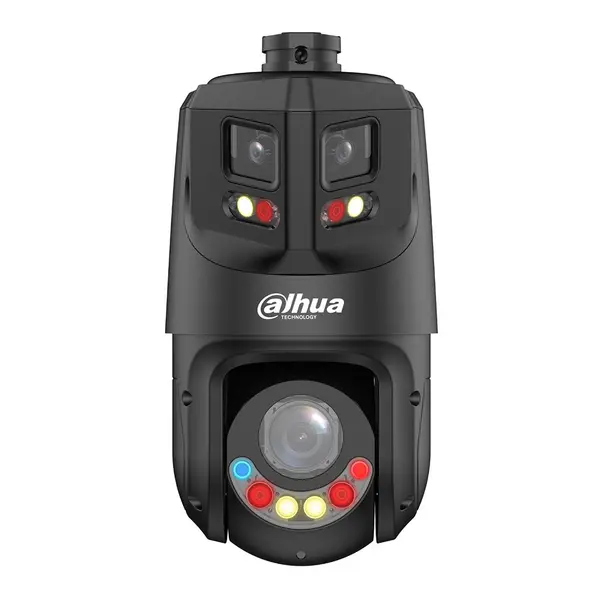 Camera supraveghere IP Speed Dome PTZ cu lentila tripla Dahua WizSense TiOC Active Deterrence SDT4E425-8P-GB-APV1-BLACK, 8MP+4MP, 5-125mm, IR/lumina alba 100m/50m, 25x, slot card, panoramica, smart tracking, PoE, neagra