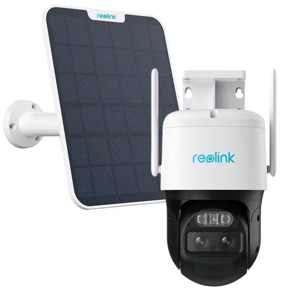 Camera supraveghere rotativa wireless IP WiFi PTZ cu panou solar Reolink TrackMix B770+SOLAR, 2K, 2.8 + 8 mm, lumina alba / IR 30 m, dual band, microfon, slot card, difuzor, acumulator 5100 mAh