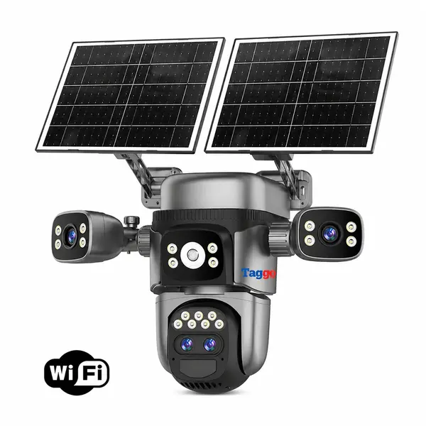 Camera Supraveghere Solara Taggo Crocodil, WiFi, 12MP, 4 Lentile, Zoom Optic 10X, AI Human Tracking, PIR, Audio Bidirectional, Viziune Nocturna Color, Panou Solar, 12000mAh, IP66