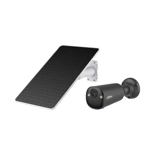 Camera supraveghere WiFi 6 dual-band cu panou solar si iluminare duala Dahua KIT/BF4CA-0210B/M0508, 4 MP, 2.1 mm, IR/lumina alba 15/20 m, PIR 12 m, Bluetooth, detectie persoane si vehicule, acumulator 20.44 Wh, microfon si difuzor, alarma, slot card