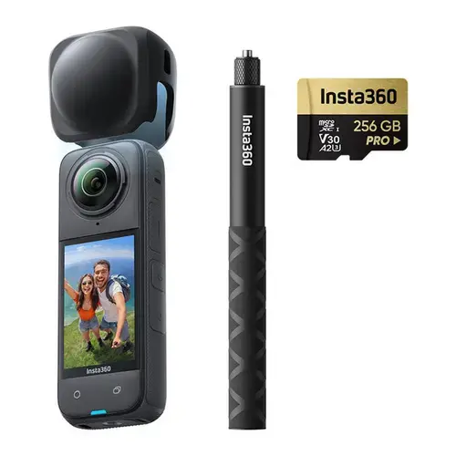 Camera video de actiune Insta360 X4 Explorer Combo, 8K, 72 MP/18 MP, 360°, Wi-Fi, Bluetooth, Giroscop 6 axe, 4 Microfoane, Active HDR, Timelapse (Negru)