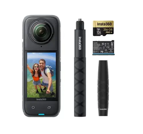 Camera video de actiune sport Insta360 X4 Adventure Bundle, 8K, 72 MP/18 MP, 360°, Wi-Fi, Bluetooth, Giroscop 6 axe, 4 Microfoane, Active HDR, Timelapse (Negru)