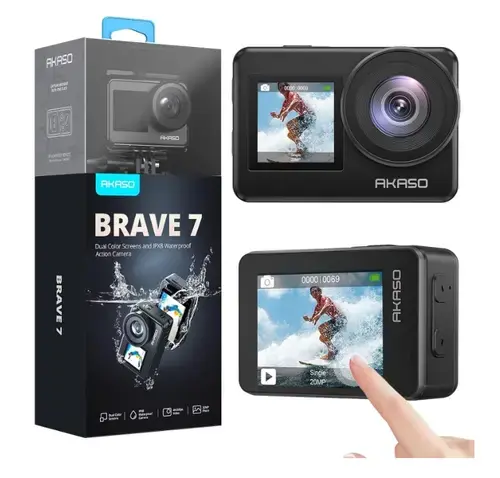 Camera video de actiune WiFi UltraHD AKASO® BRAVE 7, 4K/30FPS/20MP, EIS2.0/Giroscop, IPX8 Waterproof, Instant Mod, 8X Slow Motion, Telecomanda, Doua Baterii, One Click Foto, Control Vocal/App, Kit Accesorii (Negru)